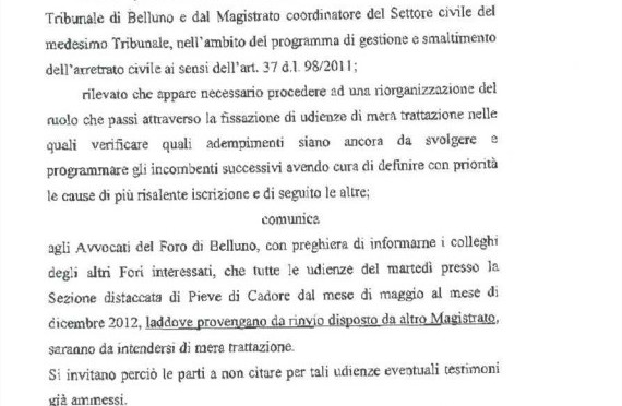 Circ. 85-2012 – Provvedimento Tribunale di Belluno Sez. distaccata di Pieve di Cadore
